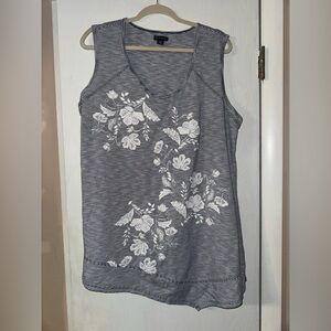 New Directions Black and White Striped Tank Top with Floral Accents